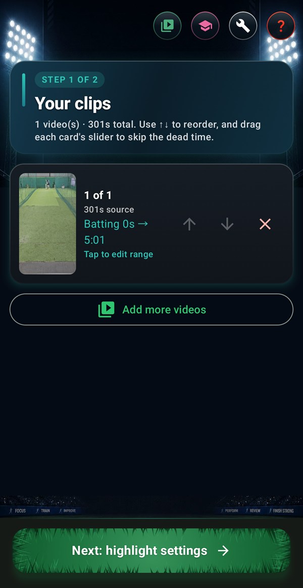 The CricCuts home screen: two net videos added as cards, each with an edit-range slider, an "Add more videos" button, and "Next: highlight settings".