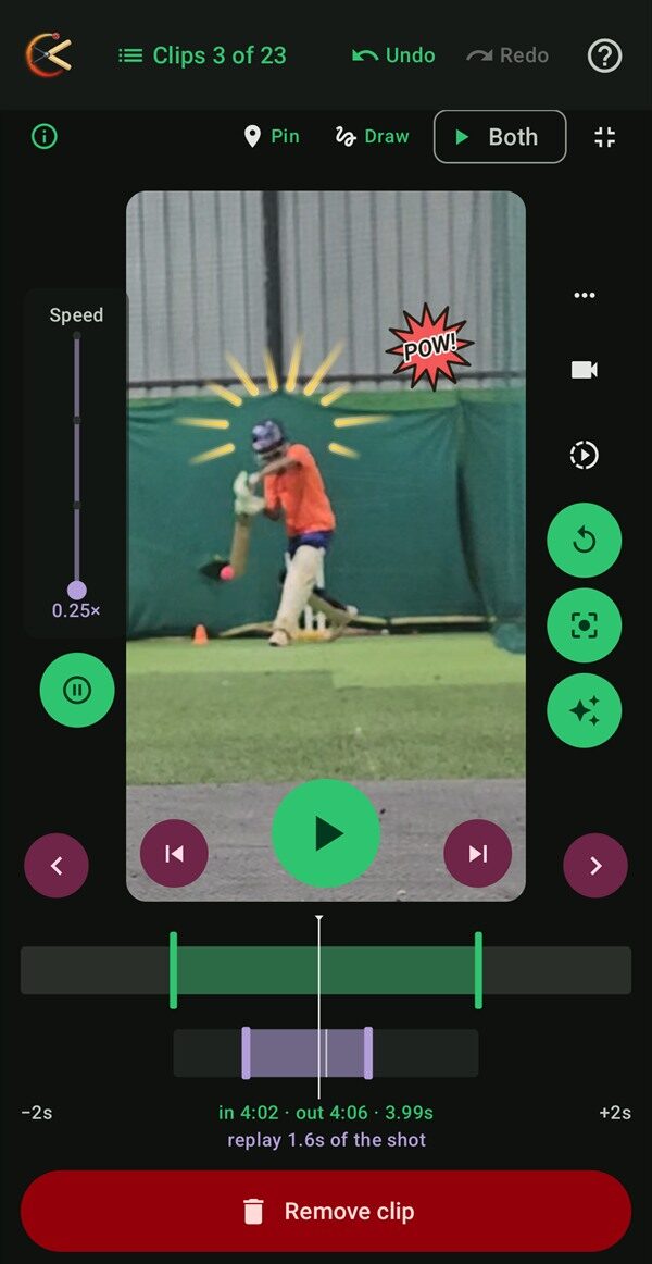 The Review & Trim preview paused on the moment of contact: a red POW! burst beside the batter and a halo of gold speed lines around their head, with Pin and Draw above the preview.