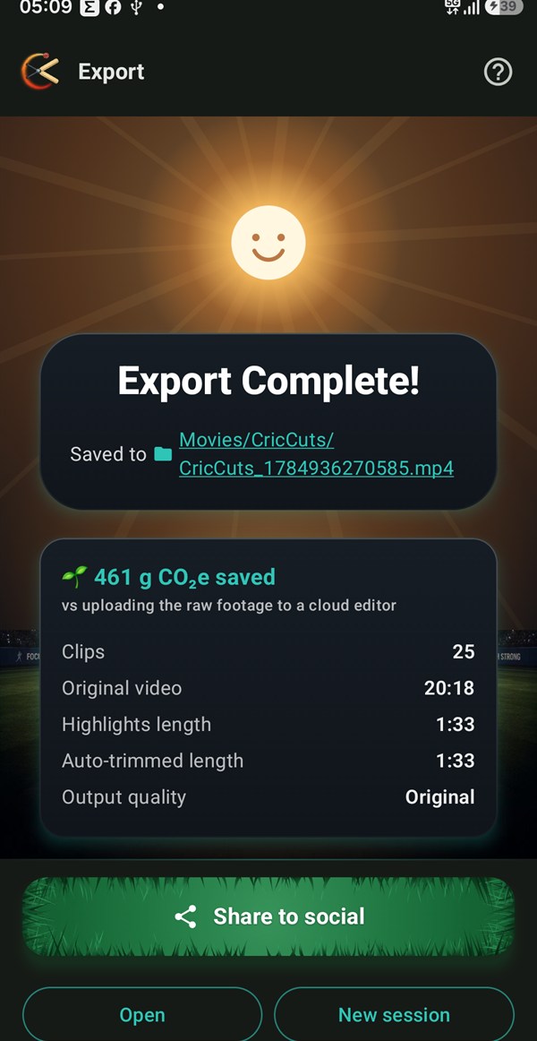 Export Complete — clips, lengths, output quality and CO2e saved