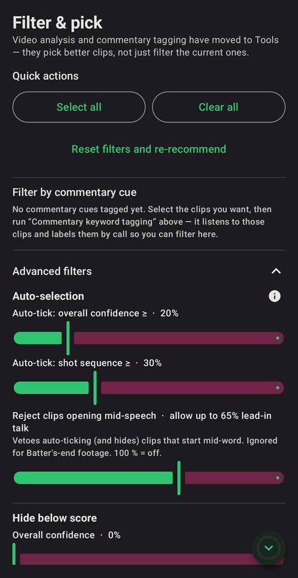 Quick actions, auto-selection and score filters