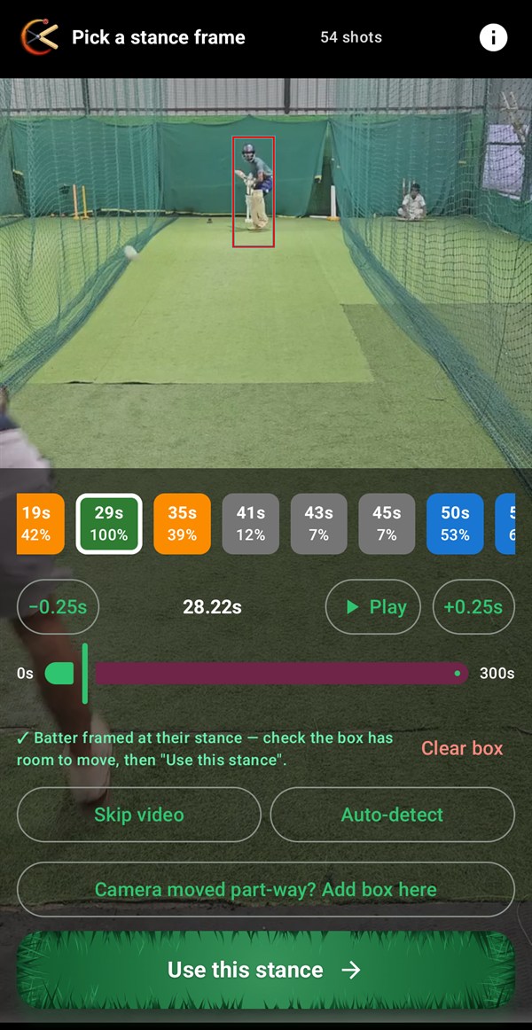 The box screen: CricCuts has landed on the batter's stance and drawn a tall box around them, asking "Batter found — use this box?" with Dismiss and Confirm box.