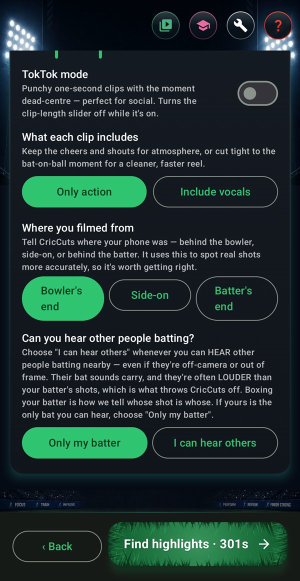 The Highlight settings choices: "What each clip includes" (Only action / Include vocals), "Where you filmed from" (Bowler's end / Side-on / Batter's end) and "Can you hear other people batting?".