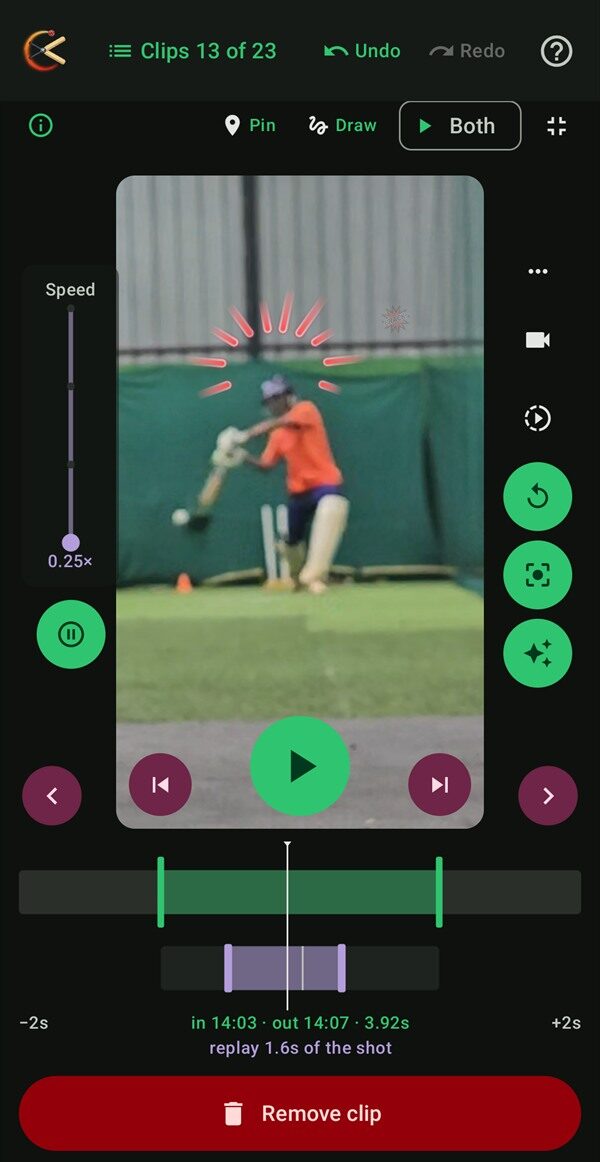 The same preview on a different clip: the speed lines around the batter's head are short and red, marking a shot where the head travelled a long way.