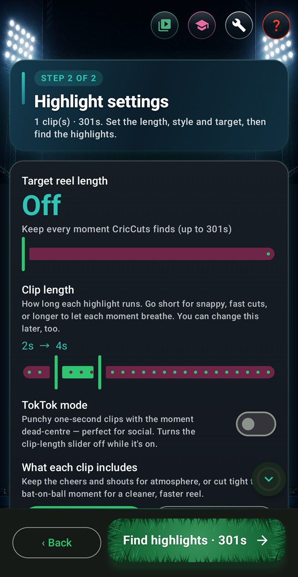 The top of Highlight settings: a "Target reel length" slider set to Off, the clip-length range, and the TokTok mode toggle.